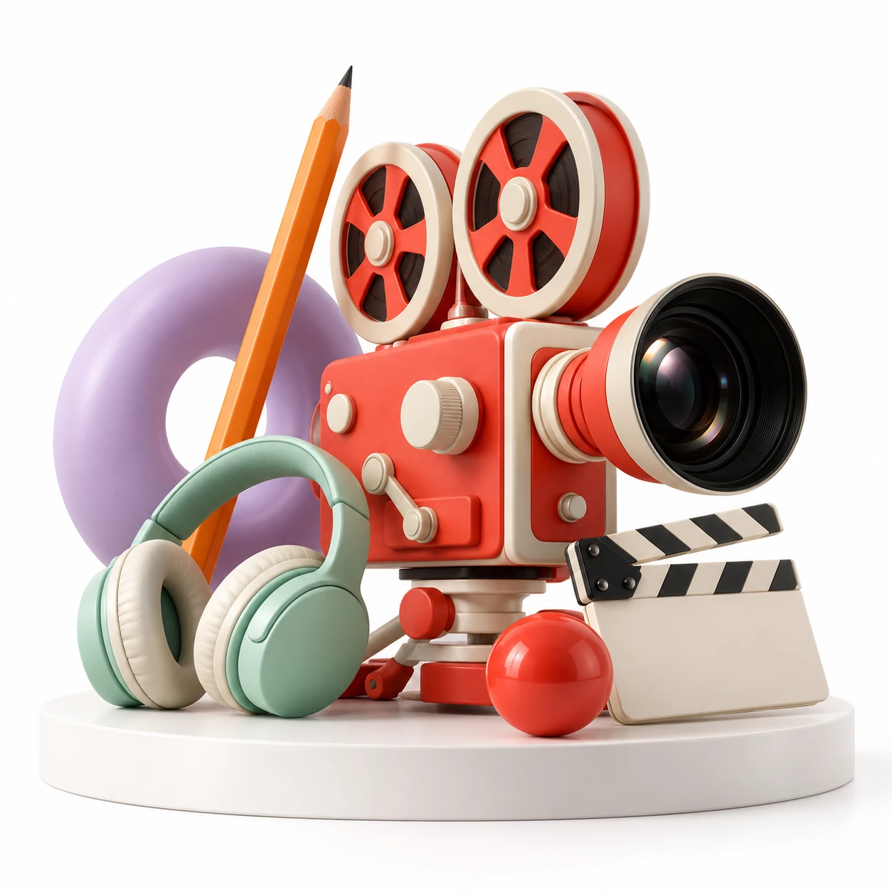 A playful three-dimensional arrangement of a coral cinema camera, pencil, headphones and clapperboard